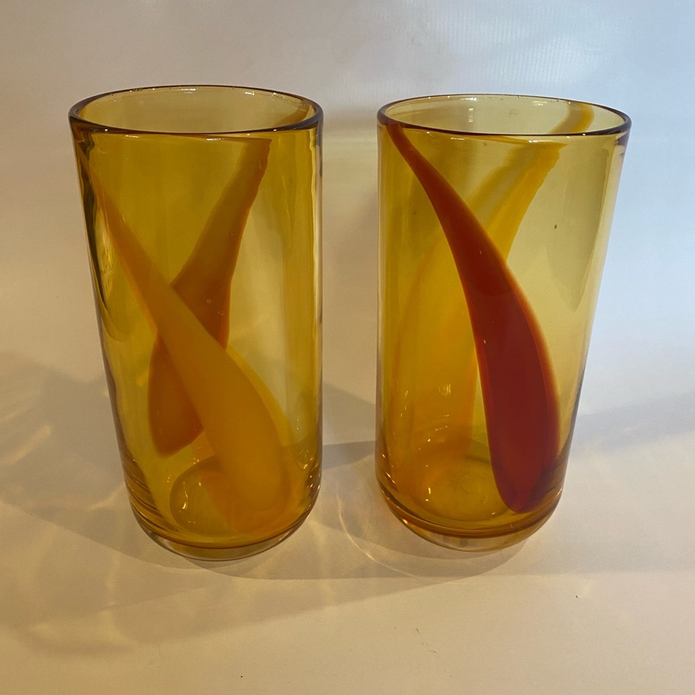 Vintage Pier 1 Imports Amber Hand-Blown Glass Tumblers, Set of 2, Red/Orange Swi